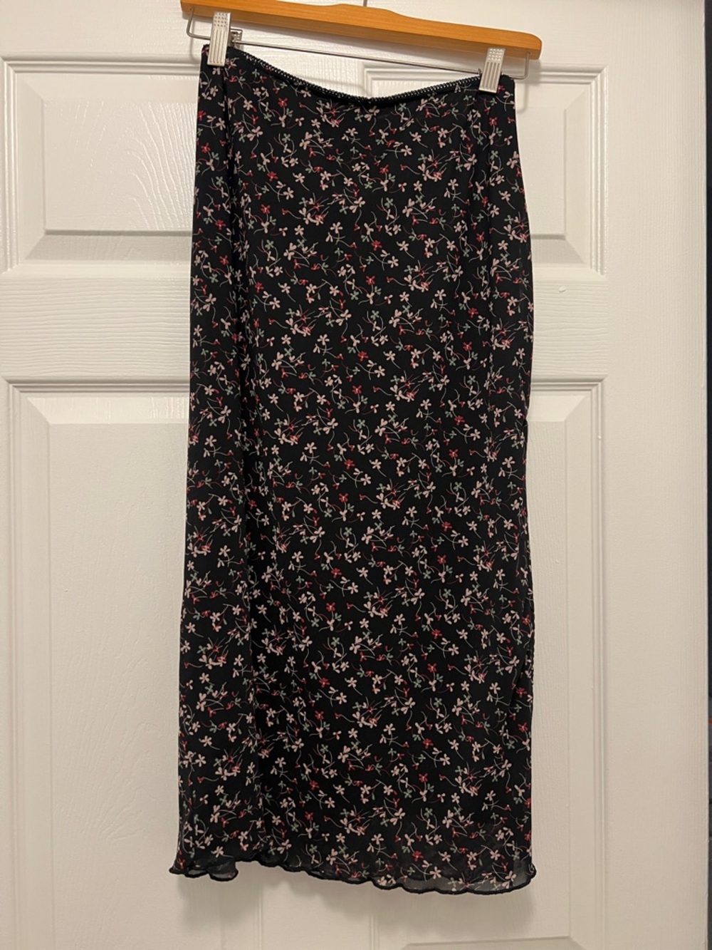 Black Floral Midi Skirt with Slit